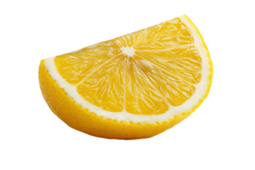 Close up of a bright yellow lemon slice with visible pulp and seed citrus fruit, Isolated On White Background, Png Transparent