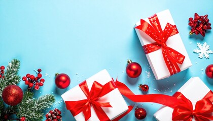 Festive Christmas gifts and ornaments arranged on a bright blue background for holiday celebration.