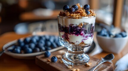 Dessert in glass with layers of yogurt blueberries and crisps