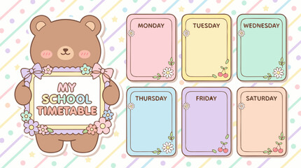 Cute Bear Pastel School Timetable. Weekly Schedule Planner.
