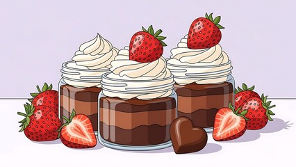 Delightful cartoon illustration of layered chocolate mousse cups with whipped cream and fresh strawberries, perfect for dessert, Valentine's Day, or sweet treats.