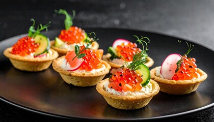 Elegant appetizer tartlets filled with creamy cheese, vibrant red caviar, fresh dill, cucumber, and radish slices served on a dark plate.