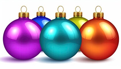 Collection of shiny colorful Christmas ornaments arranged on a white background.