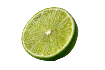 Close up of a bright green lime half with juicy pulp and white pith citrus fruit, Isolated On White Background, Png Transparent