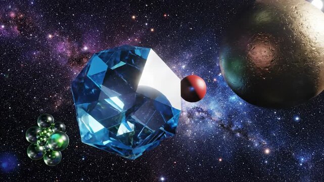Slow motion abstract geometric spheres floating weightlessly in deep cosmic space ignoring gravitational pull energy, simulation, universe