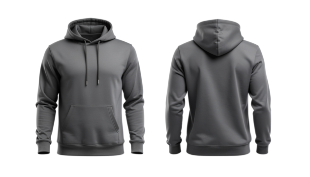 Gray hooded sweatshirt apparel with a hood and a pocket is displayed from the front and back views on white and transparent