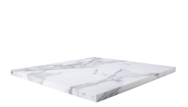 White marble square surface with gray veining isolated on a white background for product display or presentation cutout on alpha channel