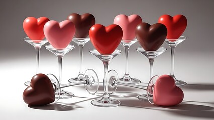 Elegant display of red, pink, and chocolate hearts in martini glasses, with some resting on the table. A charming and romantic symbol for love, Valentine's Day, or special occasions.