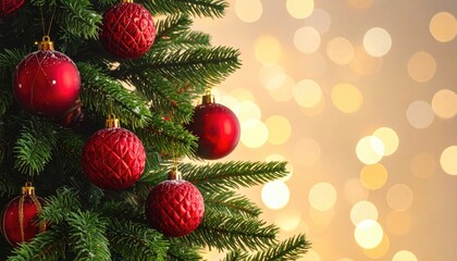 Close-up of a festive Christmas tree adorned with shiny red ornaments and soft bokeh lights in the background.