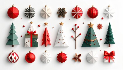 Modern Minimalist Christmas Decorations Collection on White Background.