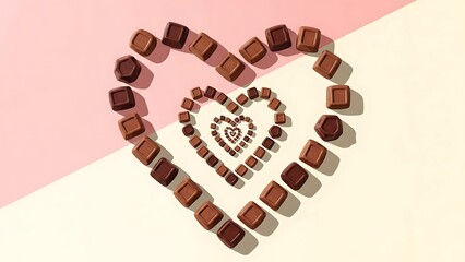 Delicious milk and dark chocolate squares arranged in a captivating heart-shaped spiral on a split pastel pink and cream background, ideal for confectionery and sweet themes.