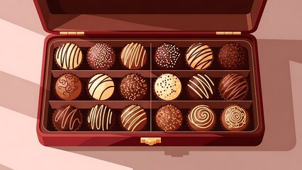 A delightful open box showcasing an assortment of gourmet chocolate truffles with various toppings and designs, perfect for gifting or a sweet treat.