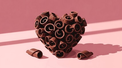 A beautiful heart shape made of rich chocolate curls on a soft pink background, perfect for Valentine's Day, love, desserts, or sweet celebrations. Delicious and charming.
