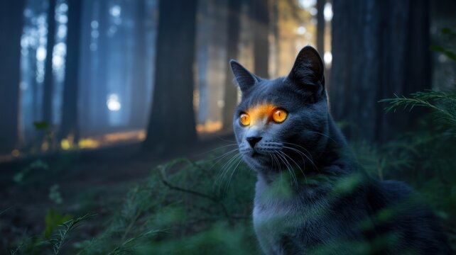 Mystical Cat in Enchanted Woods: A captivating cat, with glowing eyes and poised stance, peers out from a mystical forest. Captured in the embrace of twilight and the heart of the wilderness. 
