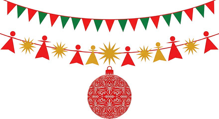 Festive holiday decorations with colorful bunting and a large ornate christmas ornament