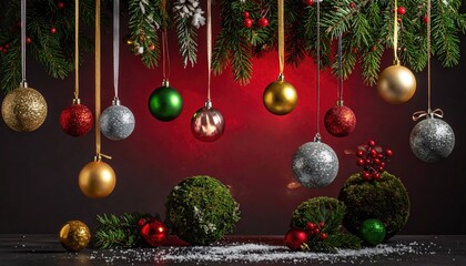 Elegant Christmas Decorations Featuring Evergreen Branches Ornaments and Berries.