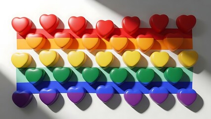 Colorful 3D hearts arranged in a vibrant rainbow pattern, representing love, acceptance, and LGBTQ+ pride. A bright and uplifting graphic for various themes.