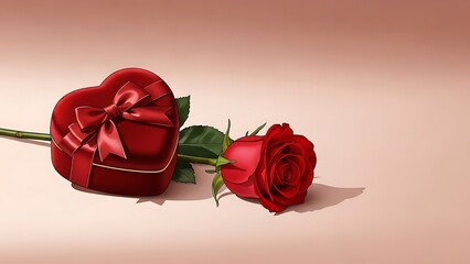 Romantic image featuring a vibrant red rose and a heart-shaped gift box with a bow on a pastel background. Ideal for love, gifts, and special occasions.