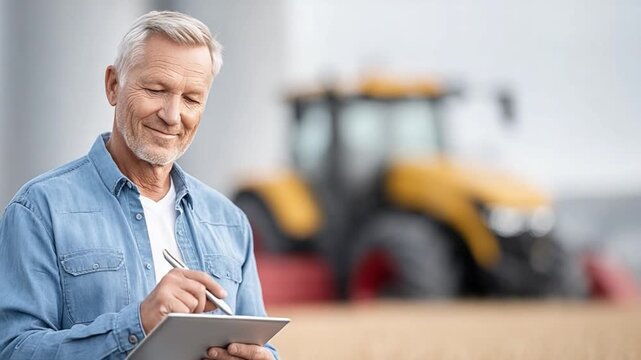 Farmer and Tractor: A seasoned farmer, captured mid-action, meticulously reviews details on his tablet. The backdrop unveils a robust tractor.