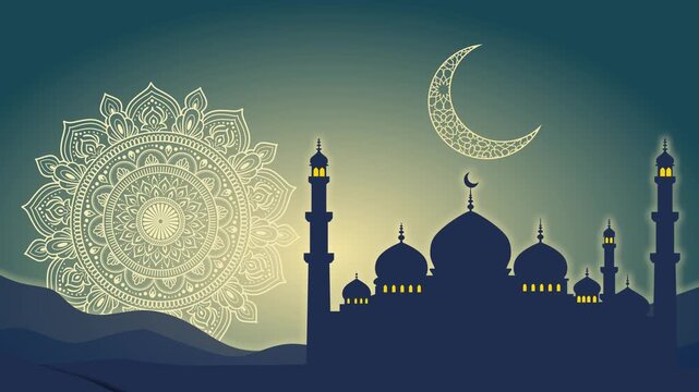 Ramadan Kareem Eid Mubarak Holy Month Celebration Islamic Culture Mosque Silhouette Night Sky Background