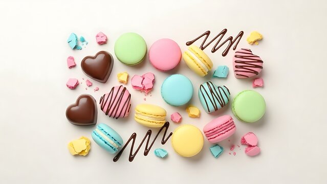 Vibrant pastel macarons and decadent heart chocolates, elegantly scattered on a light background for a sweet, charming display. Ideal for confectionery, baking, and romantic themes. - Powered by Adobe
