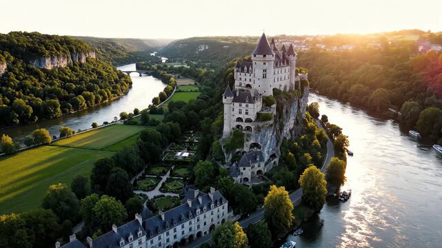 Aerial View of a Medieval Castle Along a Serene River Valley at Sunset.