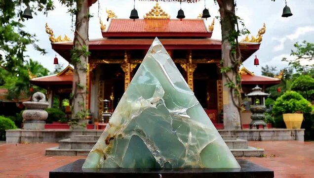 Large Green Jade Pyramid Sculpture in Front of a Traditional Thai Temple.