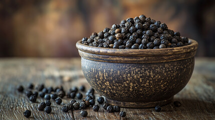Close up of black peppercorns in a bowl showing texture and natural detail symbolizing flavor spice cooking and culinary tradition with earthy tones and a rustic, appetizing presentation