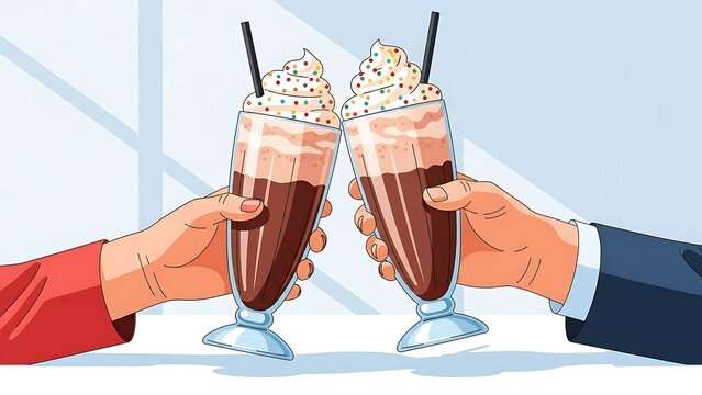 Cartoon illustration of two people clinking delicious chocolate milkshakes with whipped cream and colorful sprinkles. Ideal for friendship, celebration, and happy moments. - Powered by Adobe