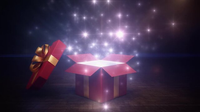 A gift box opening and releasing magical glowing light 