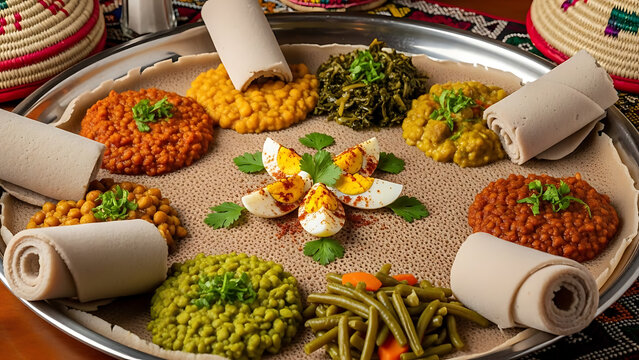 Ethiopian injera platter with colorful stews and vegetables traditional shared dining setup cultural restaurant ambiance