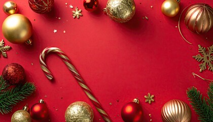 Festive Christmas ornaments and candy cane arranged on a vibrant red background.