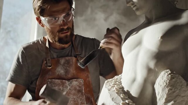 Sculptor working on marble statue in studio with natural light
