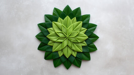 A vibrant arrangement of green leaves forms a symmetrical, flower-like pattern against a textured background.