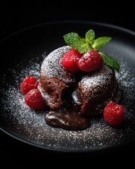 Dark chocolate lava cake with molten center raspberries mint and powdered sugar on black plate for dessert menu luxury branding bakery packaging and gourmet promotion

