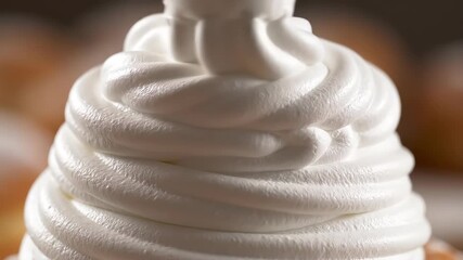 Creamy Dream A CloseUp of Whipped Cream Being Piped Perfect for Desserts and Culinary Creations Showcasing Smooth Texture and Sweet Indulgence.