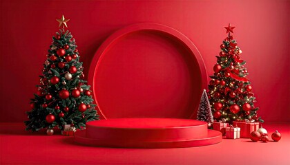 Festive Red Christmas Scene with Decorated Trees Podium and Gifts.
