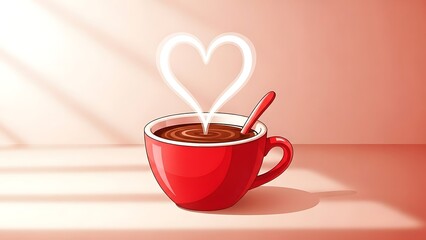 A vibrant red mug holds a warm beverage with steam rising in a heart shape, set against a cozy pink background with soft light rays. Ideal for themes of love, coffee, and comfort.