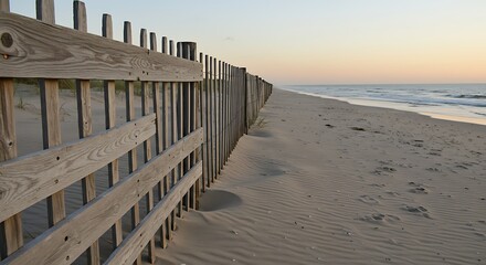 Sandy beach scene with a wooden fence and the ocean in the background during a colorful sunset