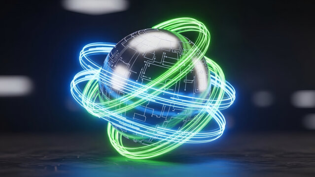 Abstract 3D Sphere with Glowing Neon Lights Futuristic Energy Concept in Vivid Colors - Powered by Adobe