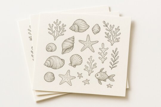 Stack of hand drawn coastal posters with seashells coral branches and small sea creatures fanned out on pure white background
