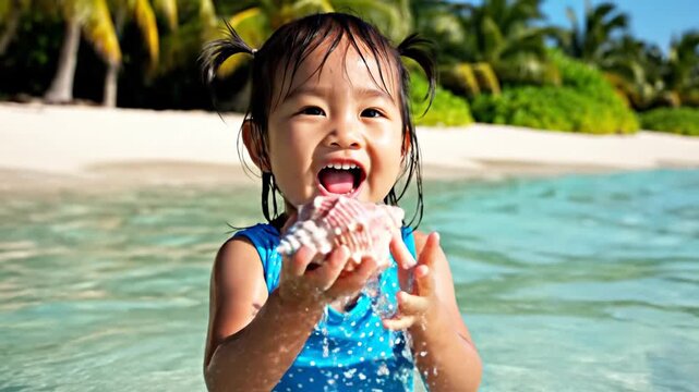Young child discovering seashell in clear shallow ocean water tropical environment