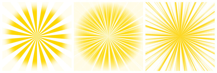 Obraz premium Set of 3 bright yellow sunburst light effect with radial rays and glowing gradient center on transparent background.