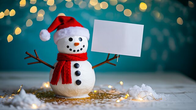 Cute christmas snowman holding blank card with festive lights in winter scene

