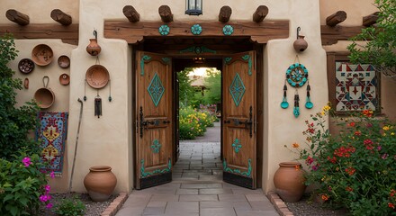 Rustic southwestern entrance with open wooden doors leading to a vibrant garden pathway