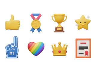 Set of achievement icons: thumbs up, medal, trophy, star, #1 foam finger, rainbow heart, crown, certificate isolated on transparent background
