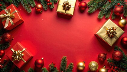 Christmas festive border with gifts ornaments and fir branches on red background.