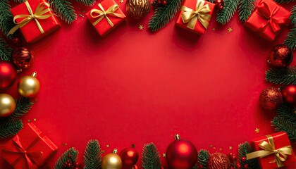 Festive Christmas border with red gift boxes, pine branches, and ornaments on a red background.