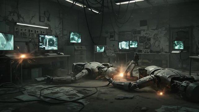 Destroyed Robot Lab Scene Dark Lighting.