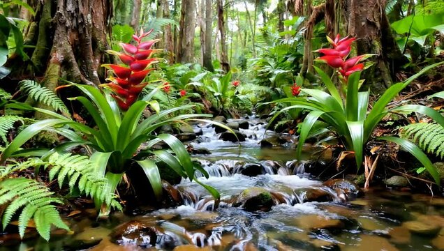 Lush Tropical Stream with Vibrant Bromeliads and Ferns in a Dense Rainforest.